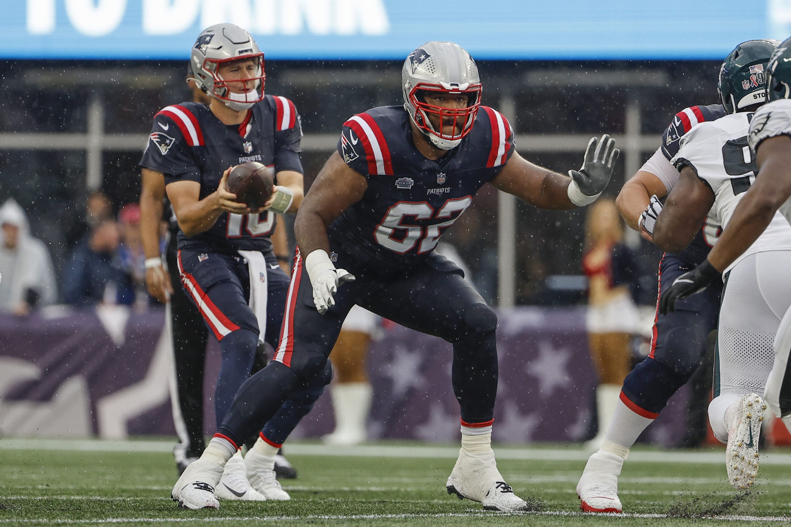 New England Patriots offensive lineman Sidy Sow protects quarterback Mac Jones