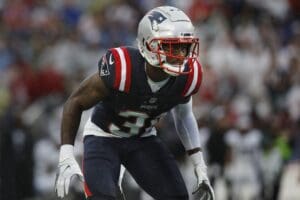 New England Patriots cornerback Jonathan Jones plays against the Philadelphia Eagles during the first half of an NFL football game, Sunday, Sept. 10, 2023, in Foxborough, Mass. (AP Photo/Michael Dwyer)