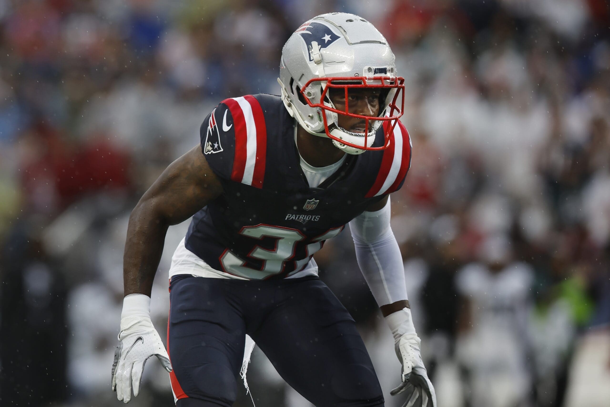 New England Patriots cornerback Jonathan Jones plays against the Philadelphia Eagles during the first half of an NFL football game, Sunday, Sept. 10, 2023, in Foxborough, Mass. (AP Photo/Michael Dwyer)