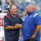 New England Patriots coach Bill Belichick, left, greets New York Giants coach Brian Daboll before an NFL preseason football game Thursday, Aug. 11, 2022, in Foxborough, Mass. (AP Photo/Michael Dwyer)