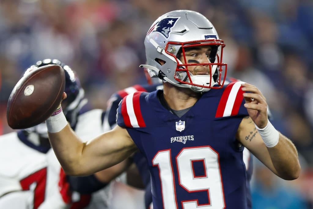 New England Patriots quarterback Trace McSorley (19) prepares to make a pass during the second half of an NFL pre-season football game against the Houston Texans, Thursday, Aug. 10, 2023, in Foxborough, Mass. (AP Photo/Greg M. Cooper)