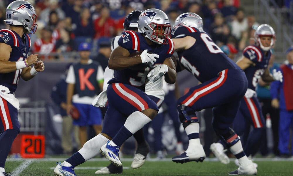 New England Patriots' Kevin Harris runs against the Houston Texans during an NFL preseason football game at Gillette Stadium, Thursday, Aug. 11, 2023 in Foxborough, Mass. (Winslow Townson/AP Images for Panini)