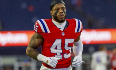 New England Patriots linebacker Chris Board (45) reacts after being defeated by the Los Angeles Chargers 6-0 in an NFL football game on Sunday, Dec. 3, 2023, in Foxborough, Mass. He received the team's highest grade by Pro Football Focus in Week 14 against Pittsburgh. (AP Photo/Greg M. Cooper)