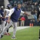 Tennessee Titans head coach Mike Vrabel argues with line judge Mark Perlman (9) during the second half of an NFL football game against the Jacksonville Jaguars, Saturday, Jan. 7, 2023, in Jacksonville, Fla. (AP Photo/Phelan M. Ebenhack)