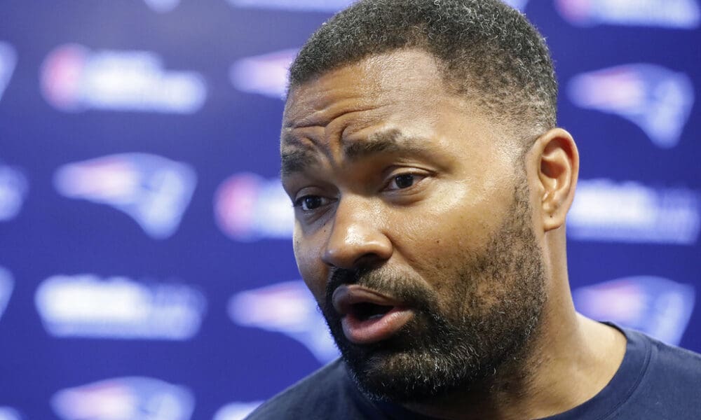 New England Patriots linebackers coach Jerod Mayo is interviewed prior to the introduction of first-round cornerback Christian Gonzalez at Gillette Stadium, Friday April 28, 2021, in Foxborough, Mass.(AP Photo/Paul Connors)