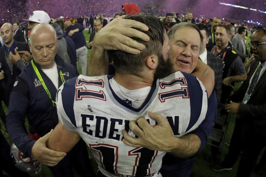 New England Patriots head coach Bill Belichick congratulates Julian Edelman, after defeating the Atlanta Falcons in overtime at the NFL Super Bowl 51 football game Sunday, Feb. 5, 2017, in Houston. The Patriots defeated the Falcons 34-28. The Dynasty. (AP Photo/Matt Slocum)