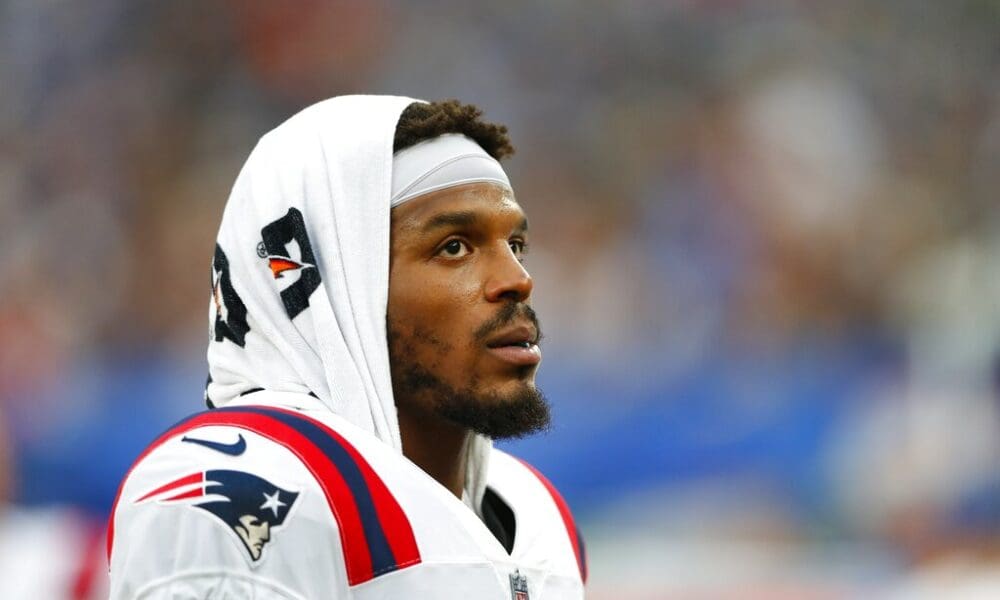 New England Patriots quarterback Cam Newton (1) during the first half of an NFL preseason football game against the New York Giants Sunday, Aug. 29, 2021, in East Rutherford, N.J. (AP Photo/Noah K. Murray)