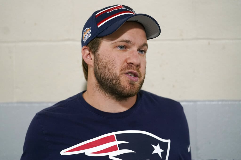 New England Patriots safeties coach Brian Belichick faces reporters, Monday, Aug. 29, 2022, at the NFL football team's stadium, in Foxborough, Mass. (AP Photo/Steven Senne)