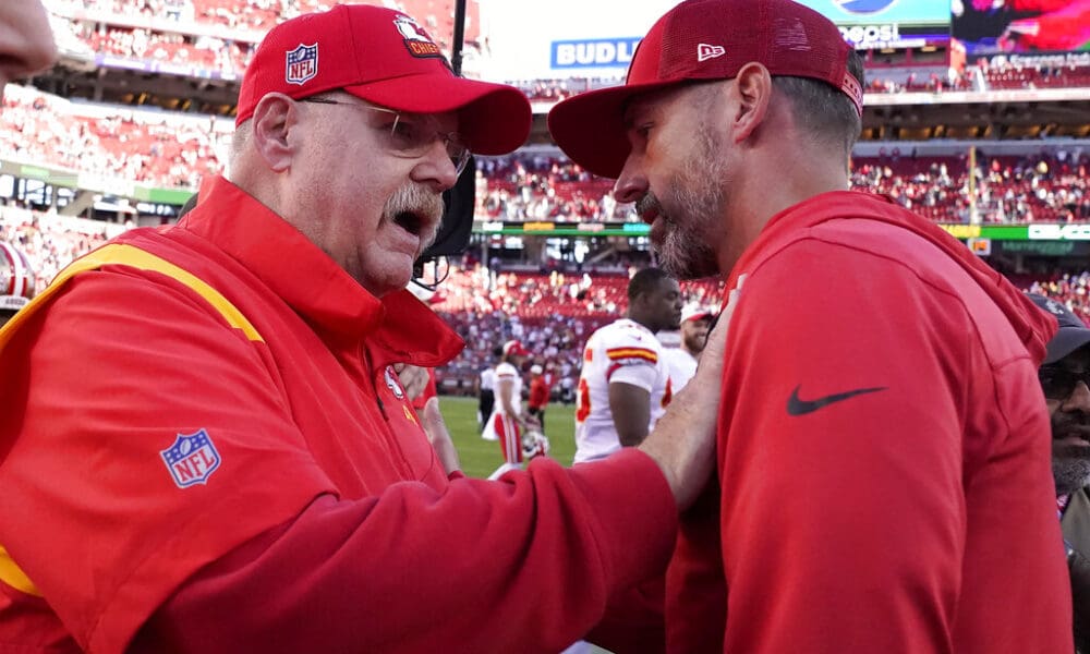 Super Bowl 58 head coaches: Kansas City Chiefs head coach Andy Reid, left, greets San Francisco 49ers head coach Kyle Shanahan after an NFL football game in Santa Clara, Calif., Sunday, Oct. 23, 2022. (AP Photo/Godofredo A. Vásquez)