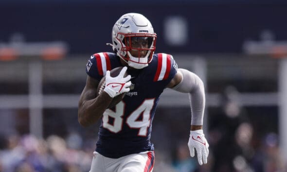 New England Patriots wide receiver Kendrick Bourne (84) during the first half of an NFL football game, Sunday, Oct. 22, 2023, in Foxborough, Mass. (AP Photo/Michael Dwyer)