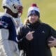 New England Patriots safeties coach Steve Belichick, right, talks with linebacker Mack Wilson Sr. during an NFL football practice, Wednesday, Jan. 3, 2024, in Foxborough, Mass. (AP Photo/Charles Krupa)