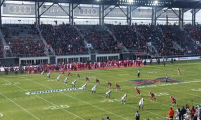 The D.C. Defenders, right, line up against the Seattle Dragons for the opening kickoff of the opening football game of the XFL season, Saturday, Feb. 8, 2020, in Washington, DC. The NFL is implementing the XFL kickoff rules for the 2024 NFL season. (AP Photo/Stephen Whyno)