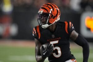 New England Patriots trade target, Cincinnati Bengals' Tee Higgins runs during the first half of an NFL football game against the Buffalo Bills, Sunday, Nov. 5, 2023, in Cincinnati. (AP Photo/Darron Cummings)