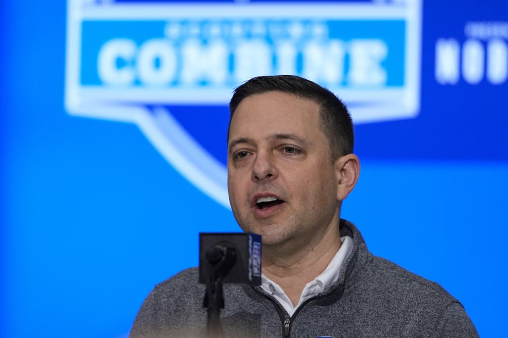 New England Patriots director of scouting Eliot Wolf speaks during a press conference at the NFL football scouting combine in Indianapolis, Tuesday, Feb. 27, 2024. NFL Draft. (AP Photo/Michael Conroy)