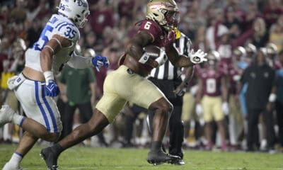Florida State tight end Jaheim Bell (6) runs after catching a pass in front of Duke linebacker Cam Dillon (35) during the first half of an NCAA college football, Saturday, Oct. 21, 2023, in Tallahassee, Fla. (AP Photo/Phelan M. Ebenhack)
