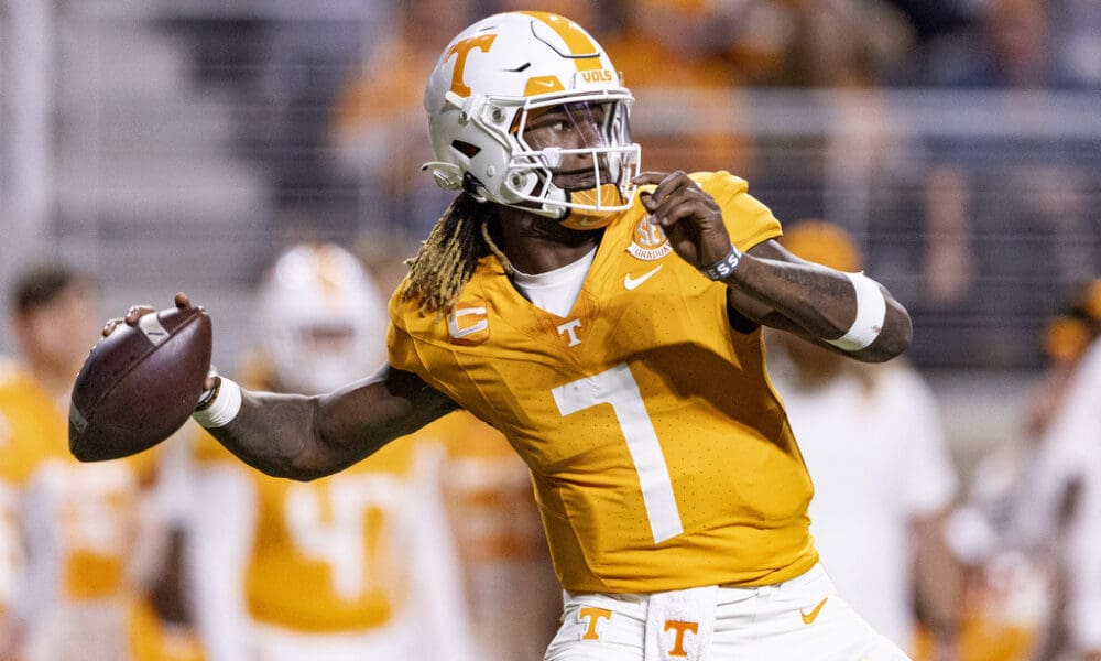 Tennessee quarterback Joe Milton III (7) throws during the second half of an NCAA college football game against Georgia, Saturday, Nov. 18, 2023, in Knoxville, Tenn. (AP Photo/Wade Payne)