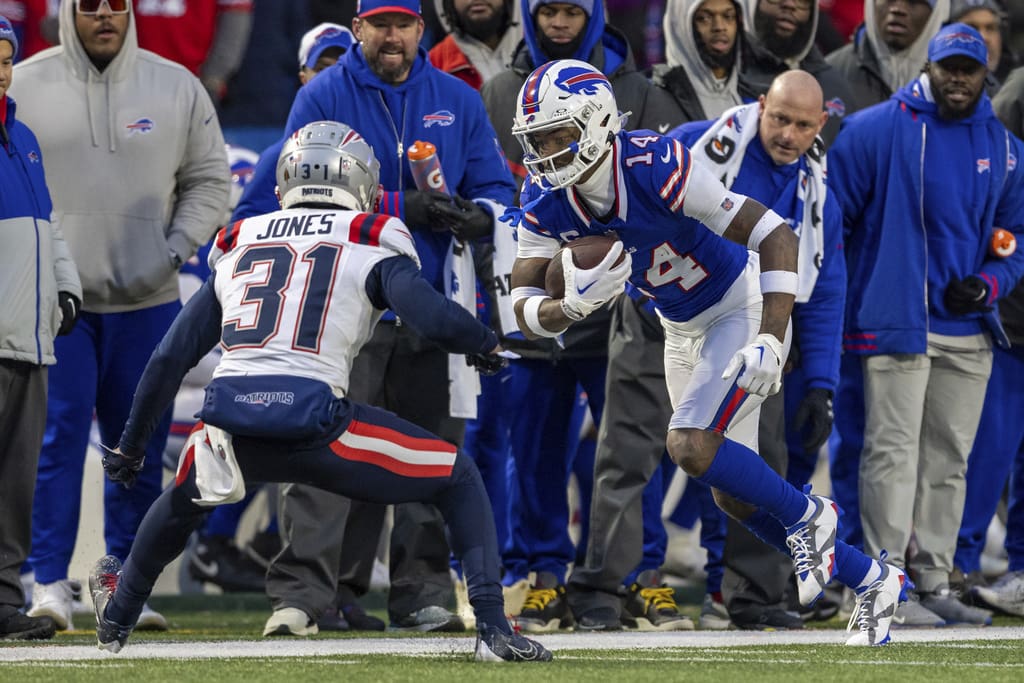 Buffalo Bills wide receiver Stefon Diggs (14) runs after a catch during an NFL football game, Sunday, Dec. 31, 2023, in Orchard Park, NY. (AP Photo/Matt Durisko)