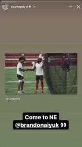 New England Patriots wide receiver Kendrick Bourne attempts to recruit San Francisco 49ers wide receiver Brandon Aiyuk on Instagram