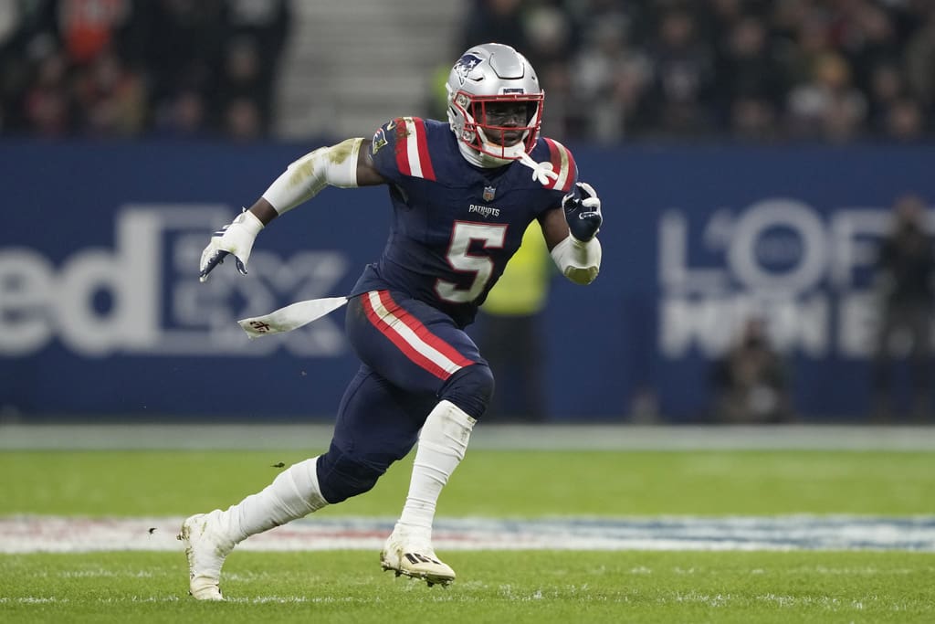 New England Patriots safety Jabrill Peppers (5) in action during an NFL football game between the New England Patriots and the Indianapolis Colts at Deutsche Bank Park Stadium in Frankfurt, Germany, Sunday, Nov. 12, 2023. (AP Photo/Steve Luciano)